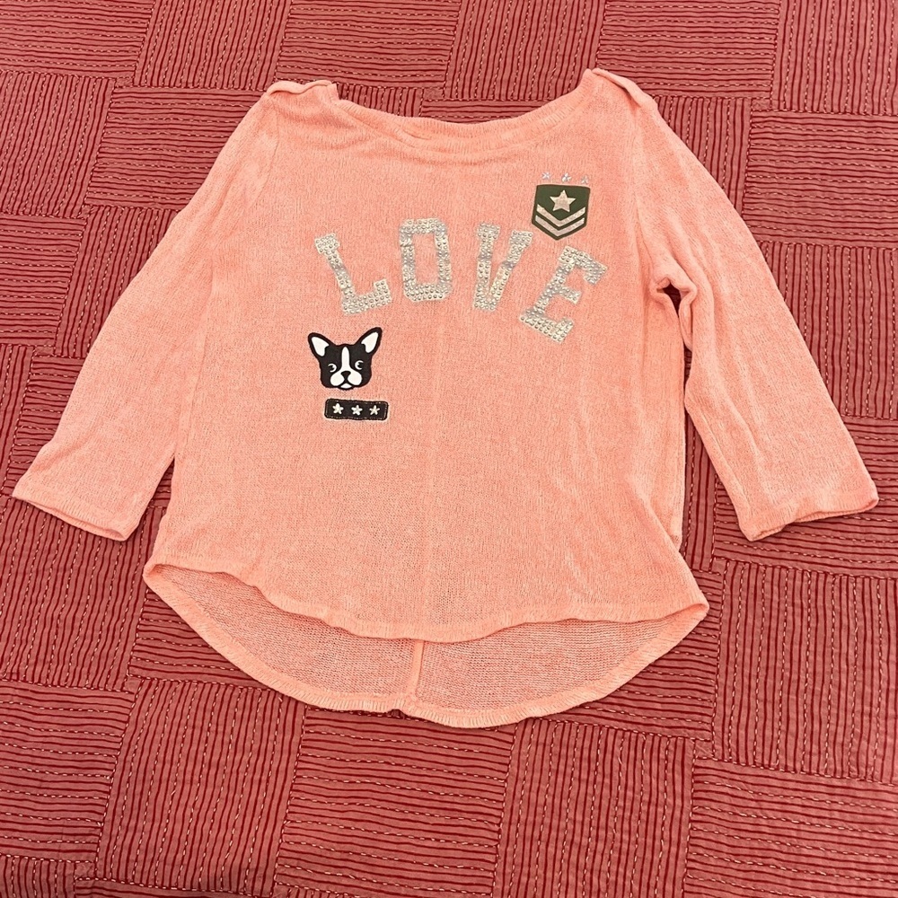 Justice Peach 3/4 length Sleeve pug Dog crewneck light knit sweater Top